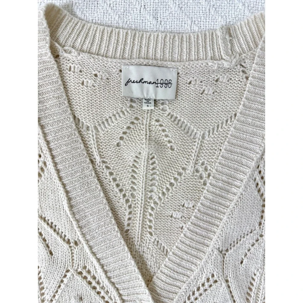 Freshman 1996 Cream Open Knit Cardigan Scalloped Hem Balloon Sleeve Size Small - Picture 2 of 8